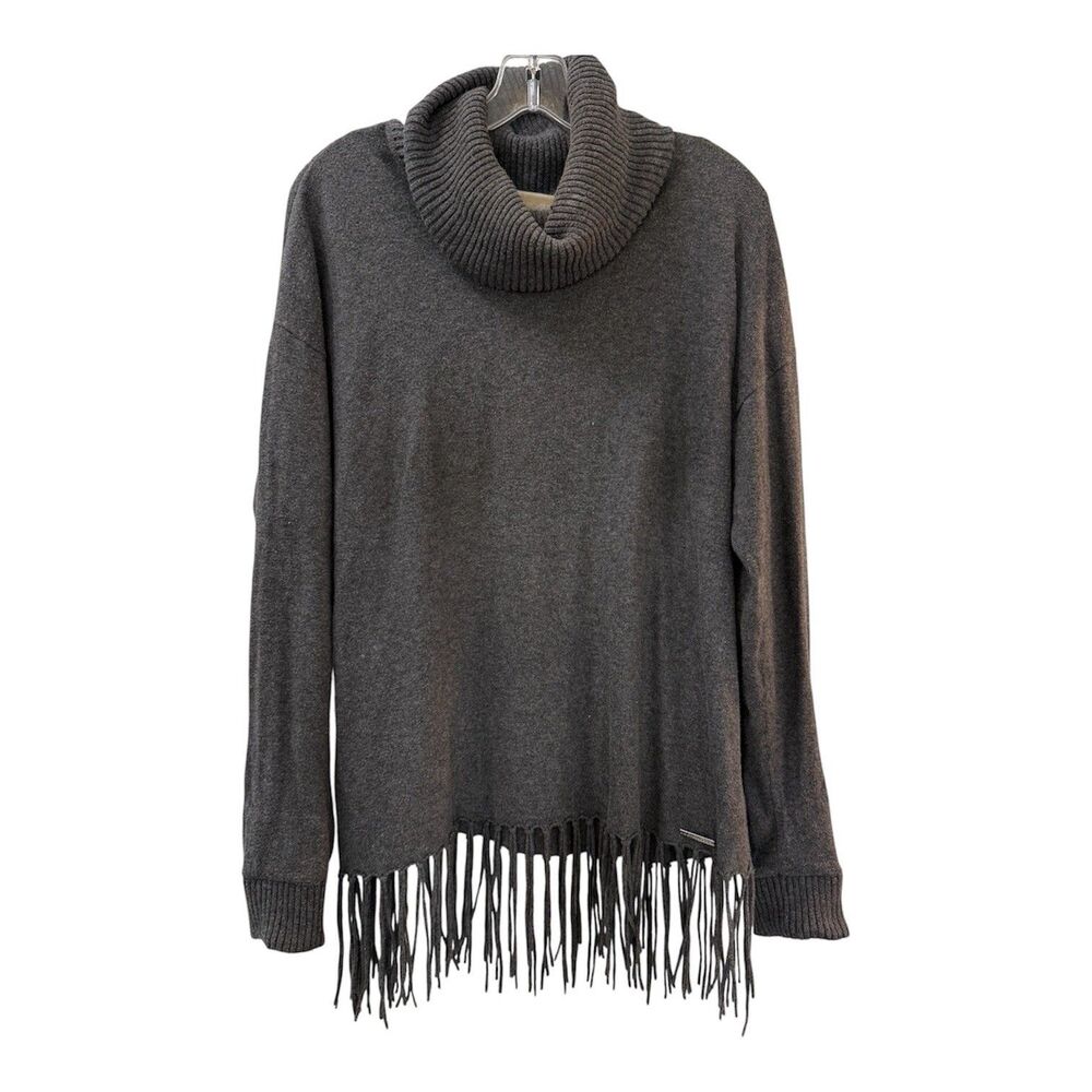 Michael Kors Cowl Neck Fringe Hem Knit Sweater Size Medium Charcoal Gray